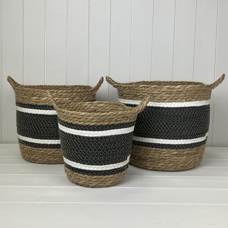 Black/Natural Seagrass Set of Three Storage Baskets detail page